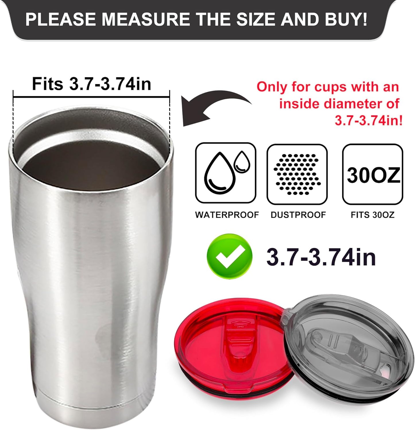 2 Replacement Lids for Stainless Steel Tumbler Travel Cup - Fits OF Inner diameter 3.7 to 3.74 INCH Yeti Rambler and others (Transparent) (30 OZ)