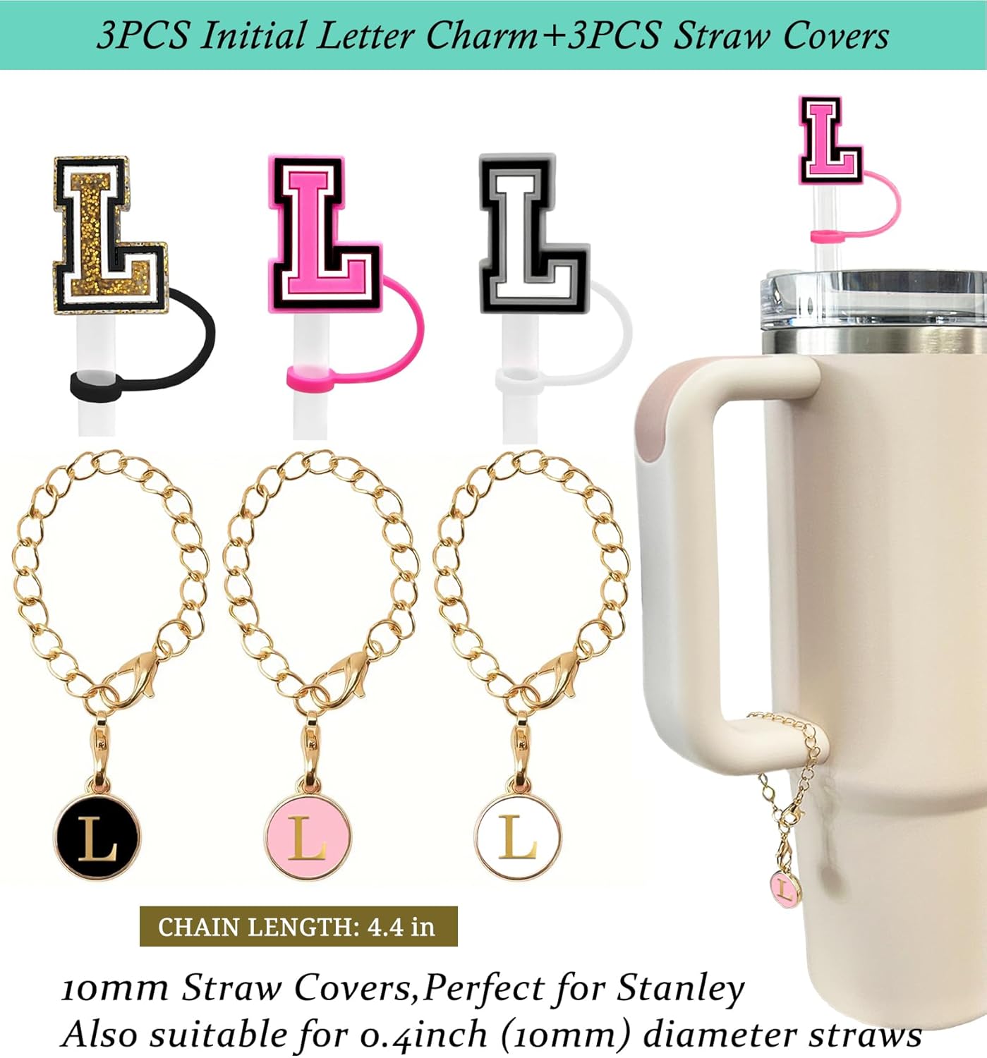 （3 +3) 3PCS Nuozme Straw Cover 10mm For Stanley Tumbler Cup Reusable Straw Cap Topper with 3 Initial Letter Charms Accessories Name ID Personalized Handle Charm For Stanley 30&40 Oz Cup Tumbler - Colors B