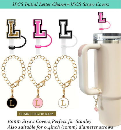 （3 +3) 3PCS Nuozme Straw Cover 10mm For Stanley Tumbler Cup Reusable Straw Cap Topper with 3 Initial Letter Charms Accessories Name ID Personalized Handle Charm For Stanley 30&40 Oz Cup Tumbler - Colors B