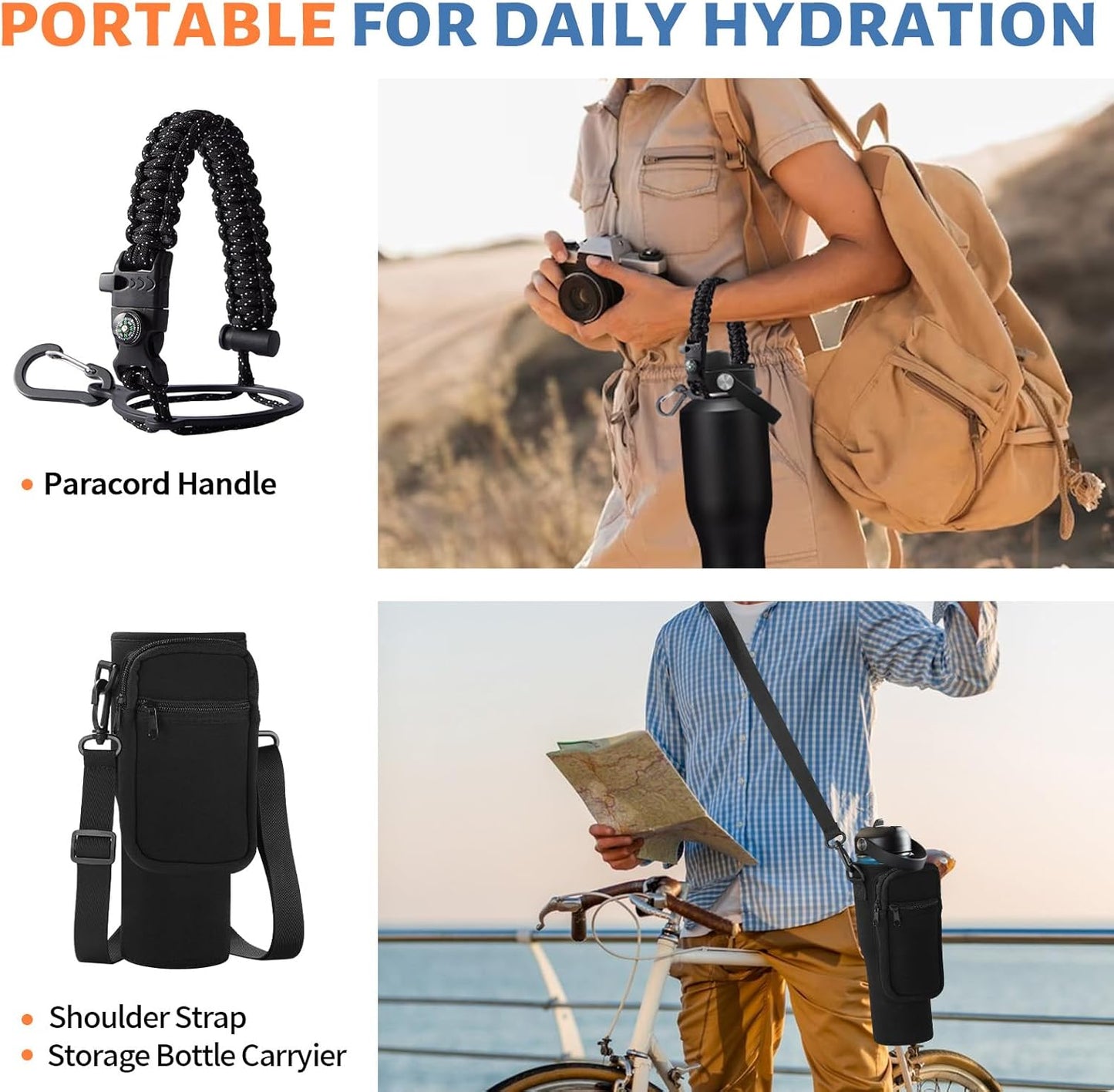 Insulated Water Bottle 40 oz - Fits in any Car Cup Holder, Keep Cold 48H Hot 24H, Stainless Steel Waterbottle Double Wall Flask with Straw, Pop-up Spout Lid, Paracord Handle, Carrier Bag
