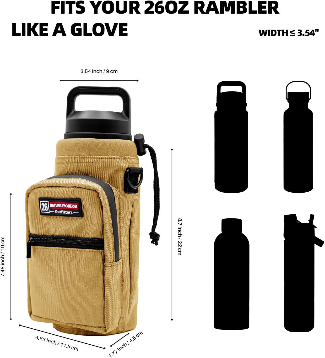 NATURE PIONEOR Water Bottle Holder with Adjustable Strap - 26/32/36/40/46/64oz Insulated Water Bottle Sling Carrier with Paracord Handle & 2 Pockets, Outdoor Sports, Hiking, Camping, Gym