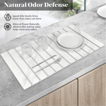 Large Stone Dish Drying Mat for Kitchen Counter – 24"(L)×16 "(W) Foldable Super Absorbent Diatomaceous Earth Dish Drying Mat, Kitchen Counter Mats for Plate Rack, Cups, Match Any Countertop - Gray