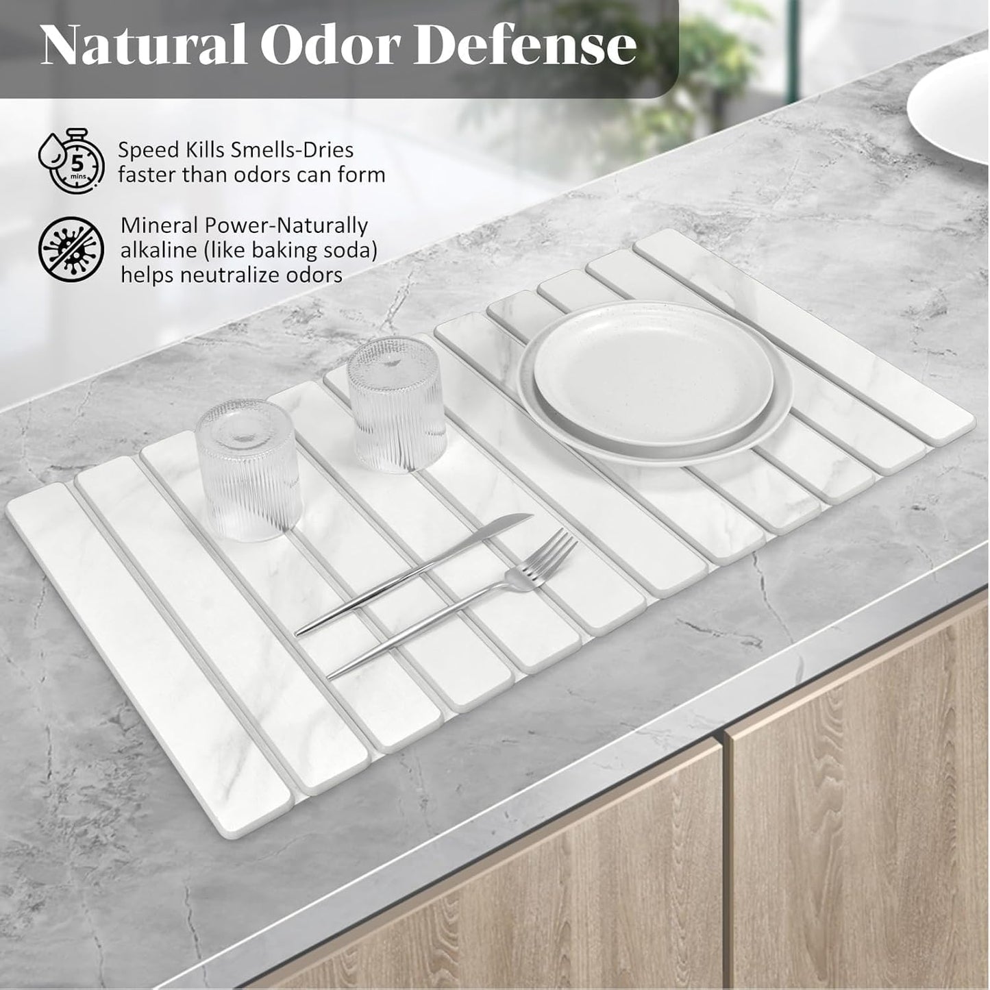 Extra Large Stone Dish Drying Mat for Kitchen Counter, Foldable Quick Dry Dish Drying Mats, Absorbent Diatomaceous Earth Stone Drying Mats for Plate Rack Bottles Cups (Gray Marble 28"×16" & 8"x4")