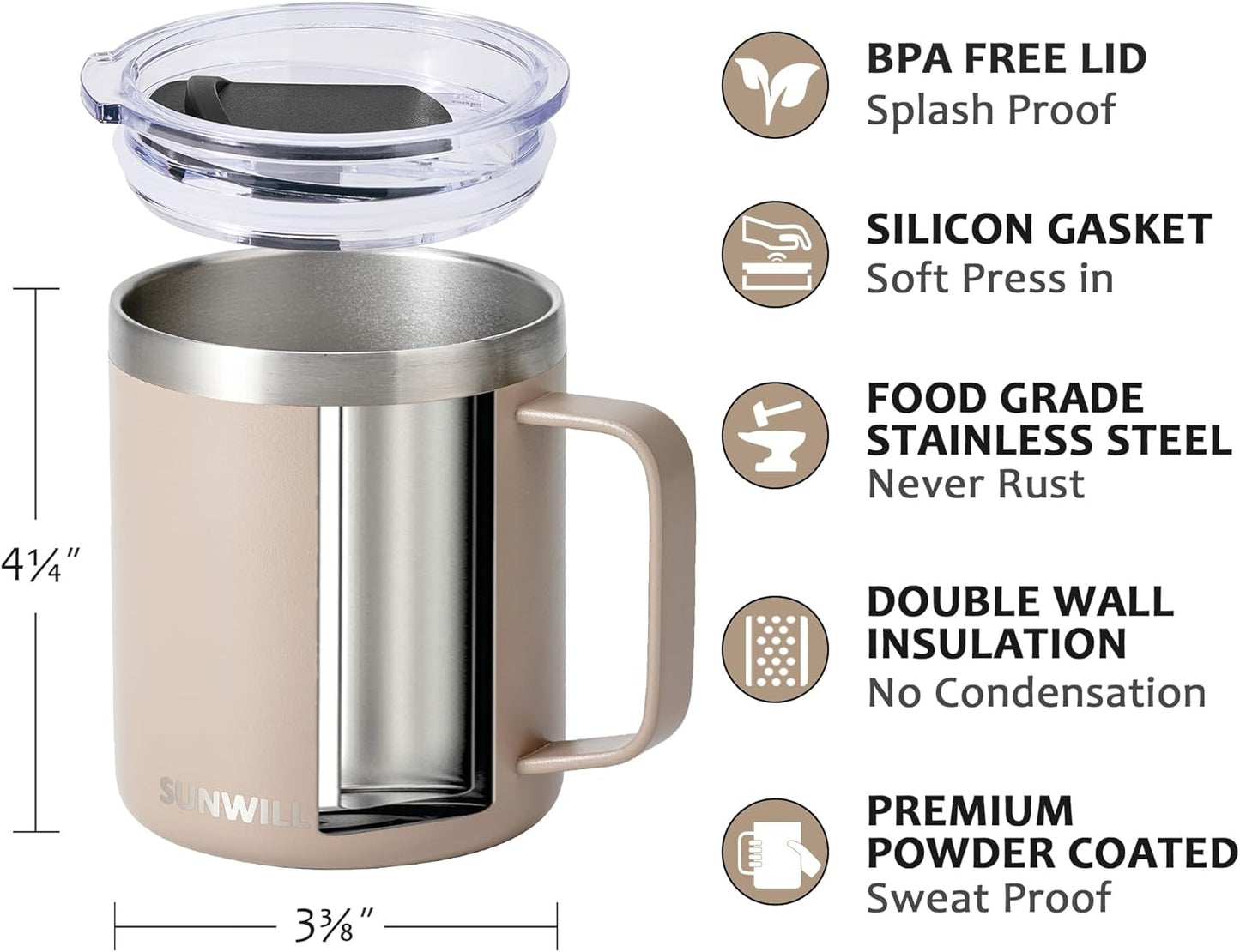 SUNWILL Travel Coffee Mug with Lid, Insulated Tumbler with Handle, 14 oz Stainless Steel Cup for Ice, Water, Tea, Rose Gold