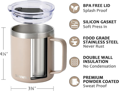 SUNWILL Travel Coffee Mug with Lid, Insulated Tumbler with Handle, 14 oz Stainless Steel Cup for Ice, Water, Tea, Rose Gold