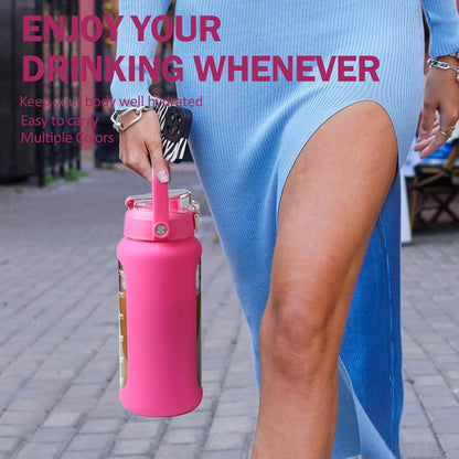 64oz Glass Water Bottles with Straw, Half Gallon Motivational Glass Bottle with Silicone Sleeve and Time Marker, 2L Leakproof Large Glass Water Jug for Gym Home Office,olive