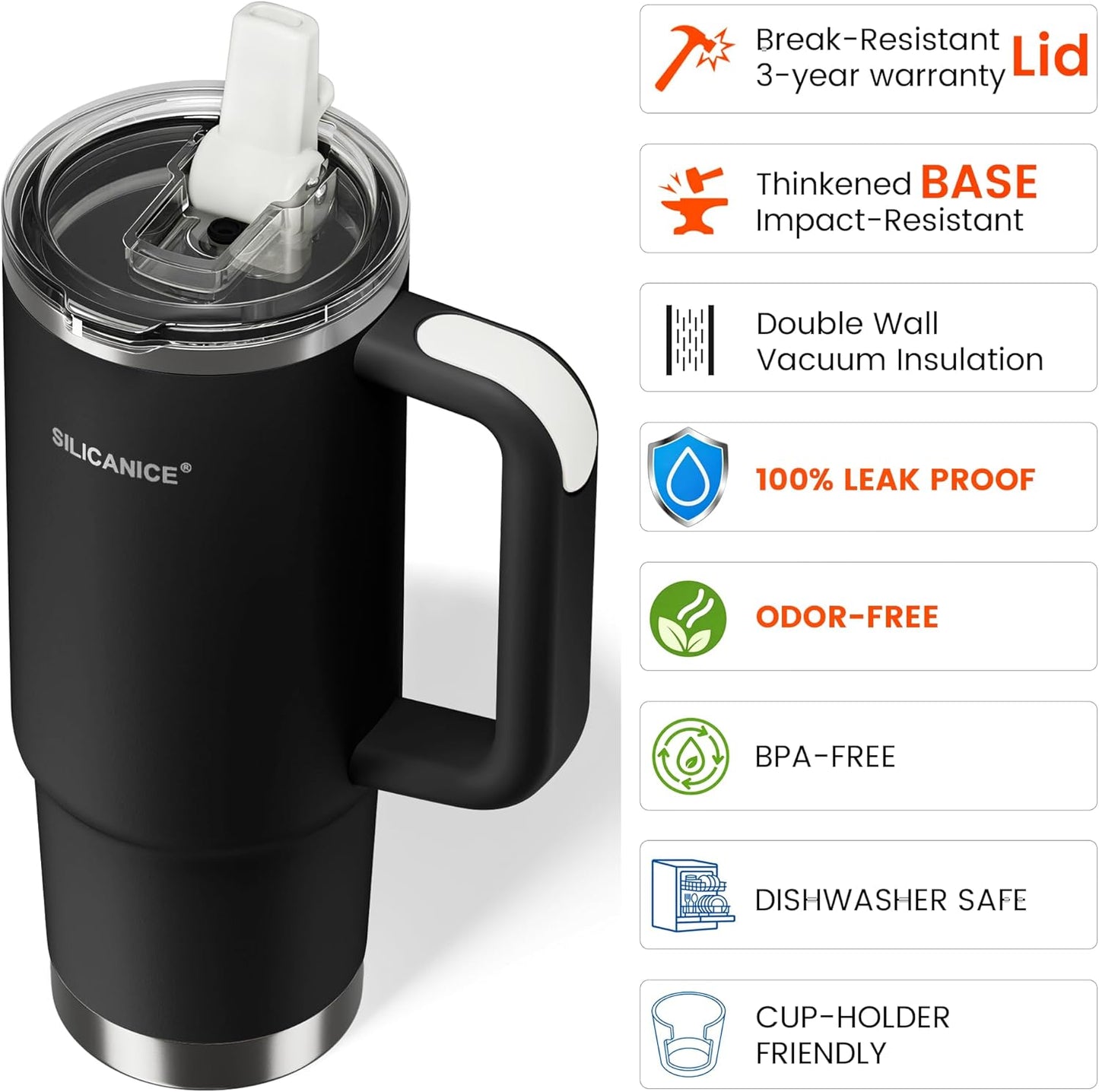 30oz Hygienic Insulated Tumbler with Handle — 100% Leakproof Lid with Removable Spout & Straw, Reinforced Vacuum-Protection Base, Cup Holder Friendly, for Travel/Gym/Office- Black