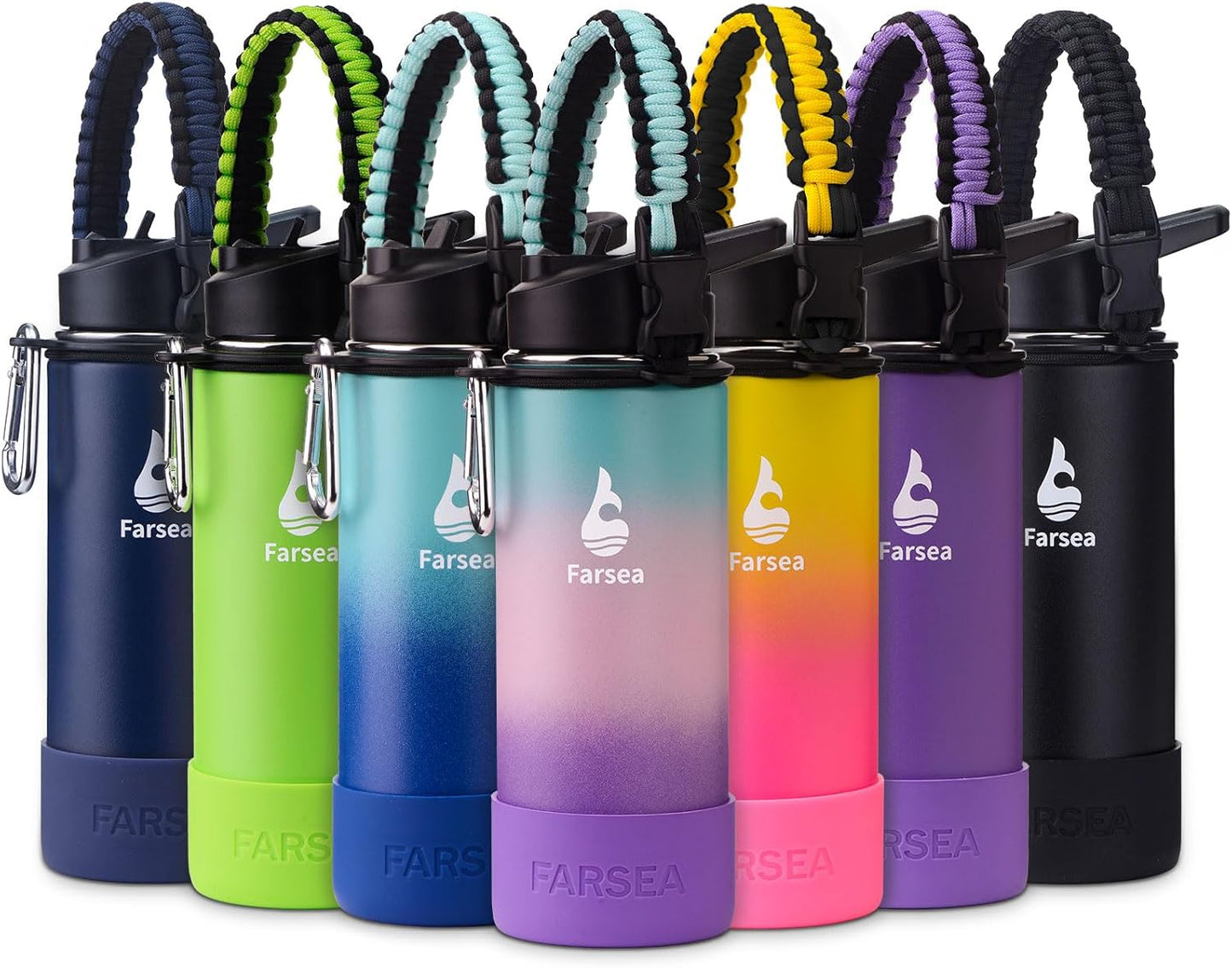 Farsea Insulated Water Bottle With Paracord Handle, Protective Silicone Boot and 2 Lids (Straw Lid & Spout Lid), Stainless Steel Water Bottle Wide Mouth, Double Wall Sweat-Proof BPA-Free, 24 oz