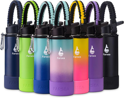 Farsea Insulated Water Bottle With Paracord Handle, Protective Silicone Boot and 2 Lids (Straw Lid & Spout Lid), Stainless Steel Water Bottle Wide Mouth, Double Wall Sweat-Proof BPA-Free, 24 oz