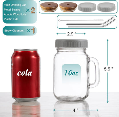 DRASTAR Iced Coffee Cup, 16 oz Mason Jar Cups with Handle, Small Glass Coffee Mugs with Straws and Acacia Lids, Drinking Glass Cups Set of 2, Smoothie, Overnight Oats Containers