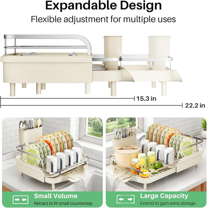SAYZH Dish Drying Rack - Expandable Dish Rack for Kitchen Counter, Rust-Resistant Dish Drainer with Utensil Holder and Raised Guardrail, Kitchen Organizer for Cup and Bottle (Black)