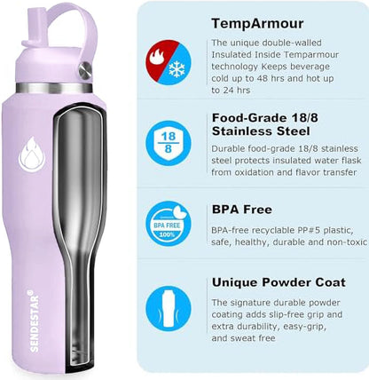 SENDESTAR 40oz Water Bottle Wide Mouth Stainless Steel Vacuum Insulated Double Wall with Straw Lids Fit in Any Car Cup Holder