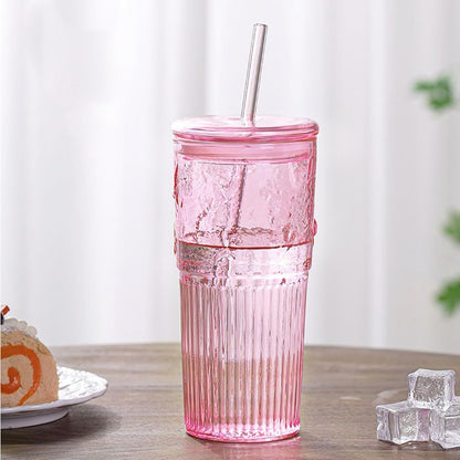 JunVpic Glass Cups with Lids and Straws,24oz Glass Tumbler with Handle Iced Coffee Cup for Coffee,Juice,Tea,Milk,Smoothie,Hot & Cold Drinks (Pink)