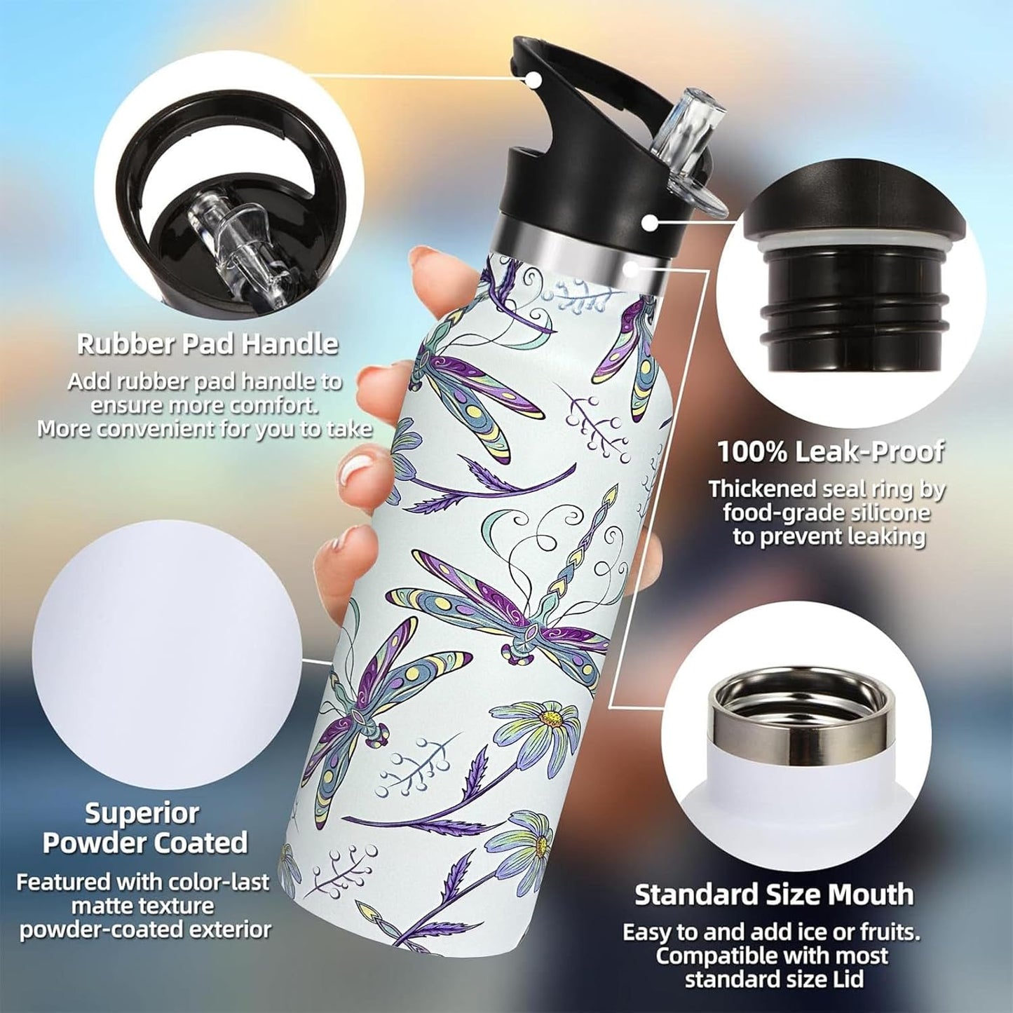 Pickleball Sport Water Bottle with Straw, Vacuum Insulated Stainless Steel Thermal Drinking Travel Mug Cups For Gym Fitness Camping-20oz/600ml