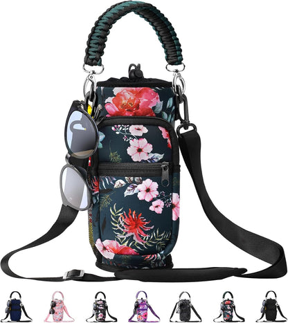 AceTreker 32/40/64/87/128 oz Water Bottle Carrier Bag, Neoprene Water Bottle Sleeve with 4 Pocket, Sport Water Holder with Paracord Handle and Shoulder Strap for Walking Hiking Camping Gym
