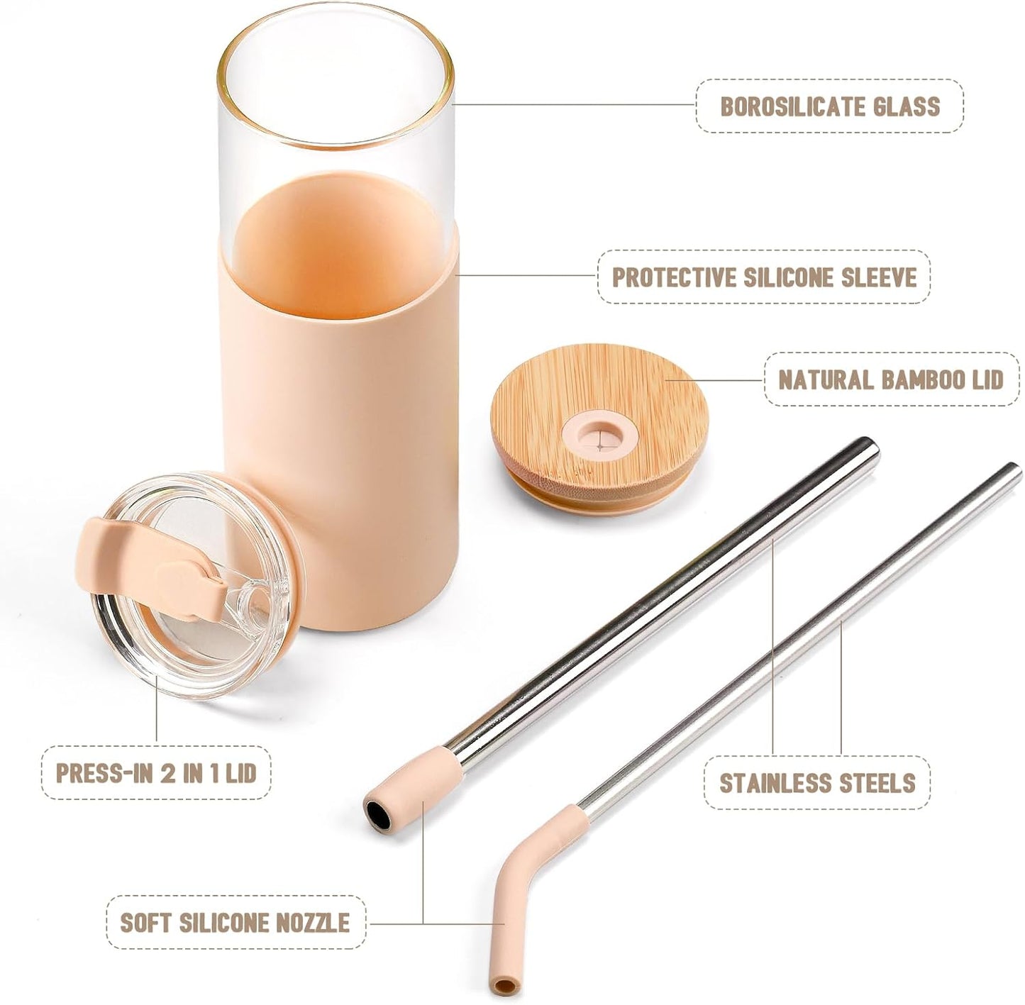 Kodrine 20oz Glass Water Tumbler with Straw and Lid, Bamboo Lids Water Bottle, Iced Coffee Cup Reusable, Wide Mouth Smoothie Cups with Protective Silicone Sleeve BPA FREE-Black - Colors B
