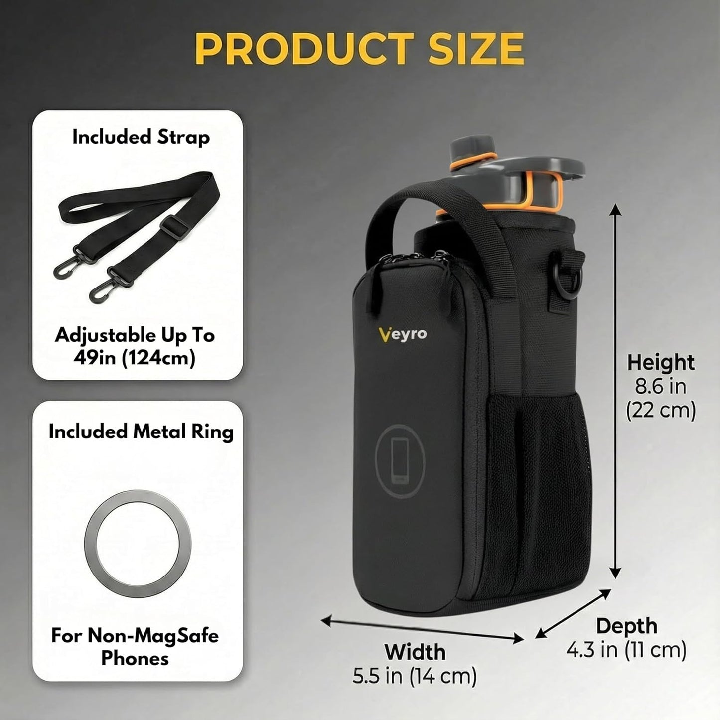 Veyro Magnetic Gym Bag with strong Magnetic Phone Holder - Gym water bottle bag holder for men and women - Compact Gym Crossbody Pouch - Compact Crossbody Pouch (Black)