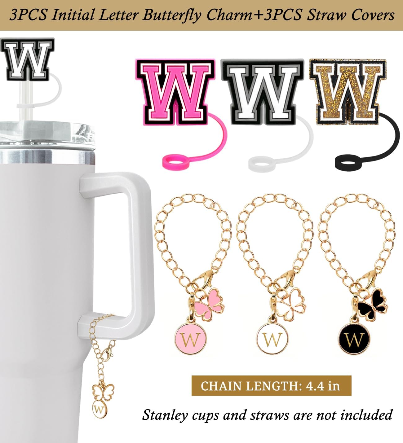（3 +3) 3PCS Nuozme Straw Cover 10mm For Stanley Tumbler Cup Reusable Straw Cap Topper with 3 Initial Letter Charms Accessories Name ID Personalized Handle Charm For Stanley 30&40 Oz Cup Tumbler - Colors A