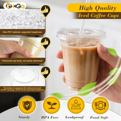 Ginkgo 32 oz Clear Plastic Cups with Lids and Jumbo Straws, Disposable To Go Iced Coffee Cups for Smoothie, Boba Milk Tea - 50 Pack