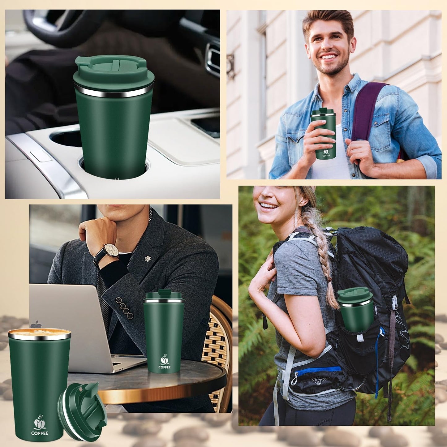 Insulated Travel Coffee Mug Reusable Coffee Tumbler Cup with Flip Lid Leak Proof Spill Proof for Office School Party Camping Hot and Cold Drink,Stainless Steel 17oz (Black)