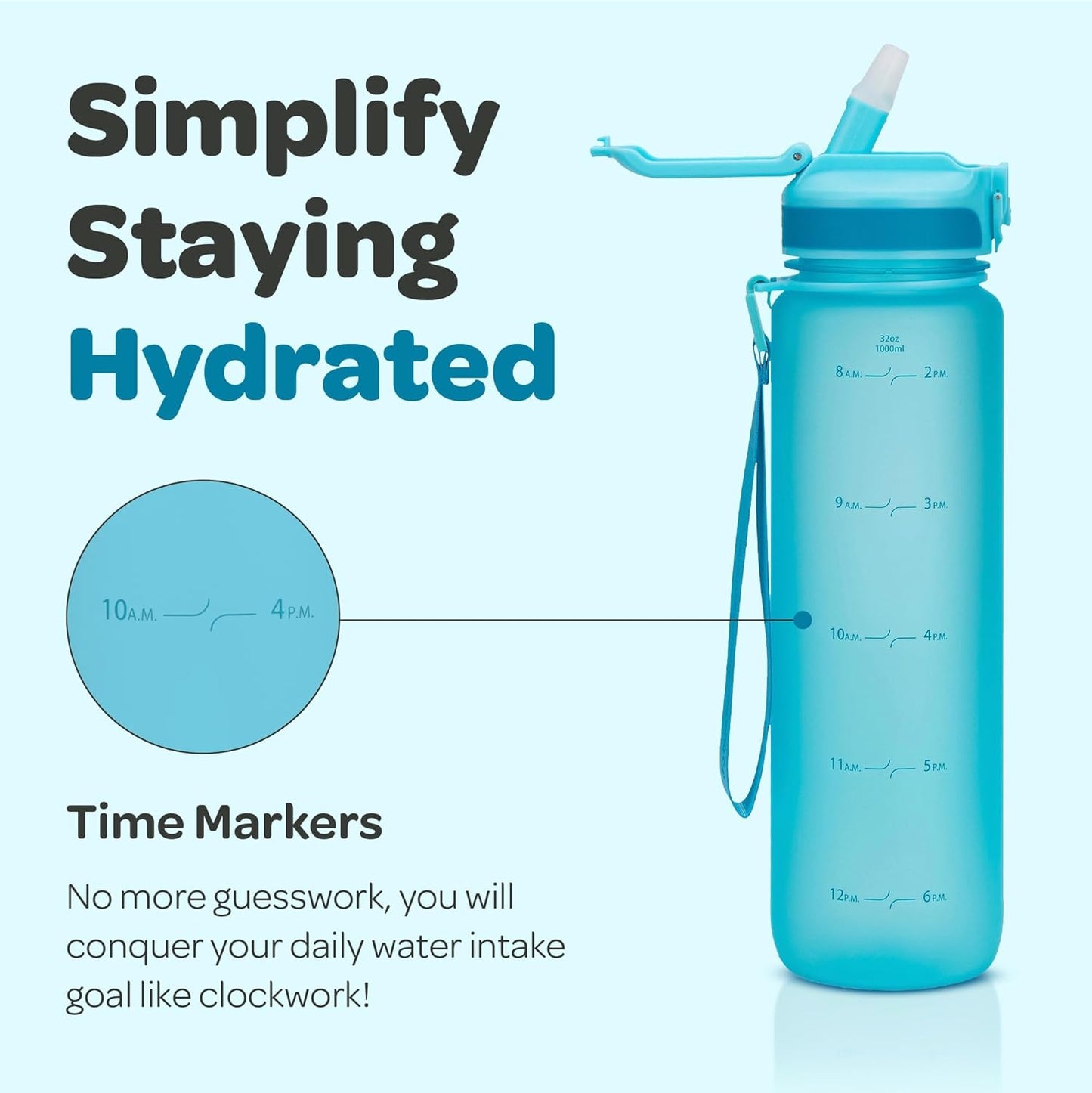 Hydracy Water Bottle with Time Marker -Large BPA Free Water Bottle & No Sweat Sleeve -Leak Proof Gym Bottle with Times to Drink - Ideal for Fitness Sports & Outdoors