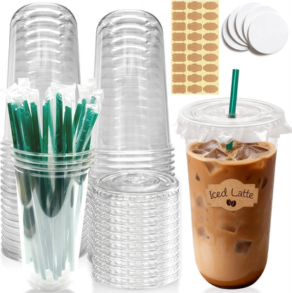25 Sets 16 oz Clear Plastic Cups with Lids and Straws, Disposable Iced Coffee Cups for Cold Beverages, Smoothies, Bubble Tea, Includes Leak-Proof Paper and Stickers
