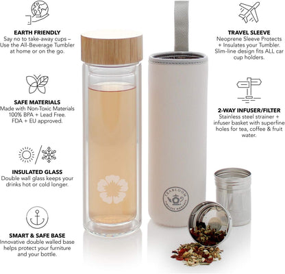 Teabloom All-Beverage Tumbler – 15 oz / 450 ml – Tempered Glass Travel Bottle – Hot and Cold Tea Infuser – Cold-Brew Coffee – Fruit-Infused Water – Tea Tumbler – The Pathfinder