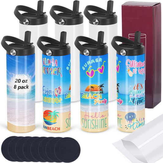 8 Pack Sublimation Tumbler Bulk 20oz Skinny Straight, Sublimation Sport Water Bottles, Double Wall Stainless Steel Cups with Portable Handle, Individually Boxed