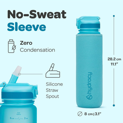 Hydracy Water Bottle with Time Marker -Large BPA Free Water Bottle & No Sweat Sleeve -Leak Proof Gym Bottle with Times to Drink - Ideal for Fitness Sports & Outdoors