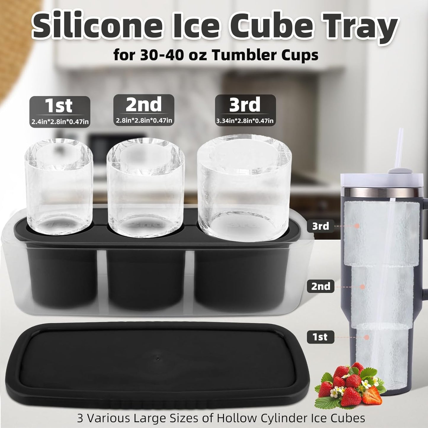 Tcamp Ice Mold for 30-40 oz Tumbler Cup, Silicone Ice Cube Tray With Lid and Bin for Freezer, Ice Ring Ice Maker for Chilling Cocktails, Whiskey, Drinks, Coffee, Easy Fill and Release (Black)