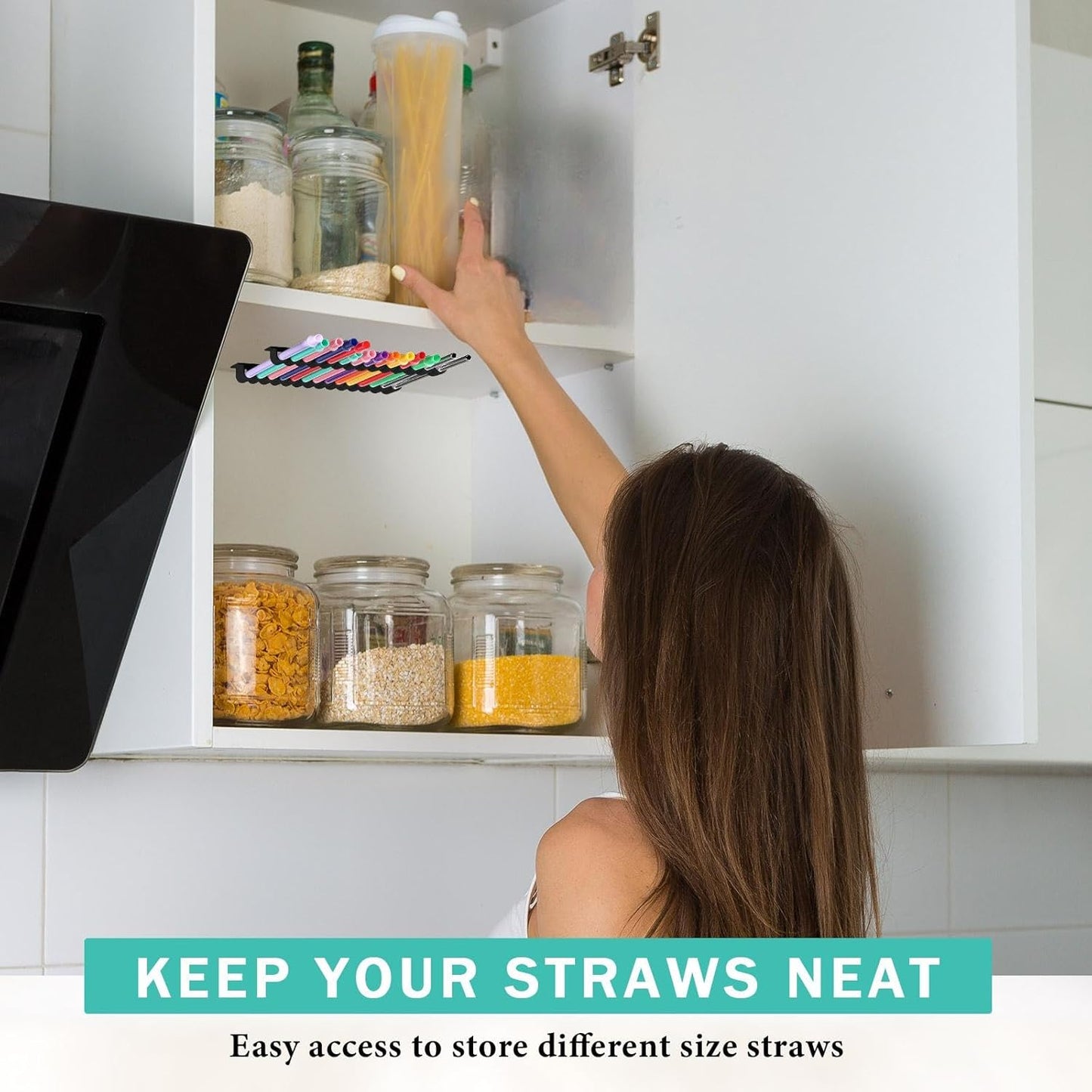 Baderke Straw Holder for Cabinet Reusable Straw Organizer with Double Sided Adhesive Tape Screws Storage Container for Kitchen Counter Cupboard(White,Classic)