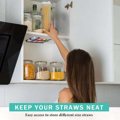 Baderke Straw Holder for Cabinet Reusable Straw Organizer with Double Sided Adhesive Tape Screws Storage Container for Kitchen Counter Cupboard(White,Classic)