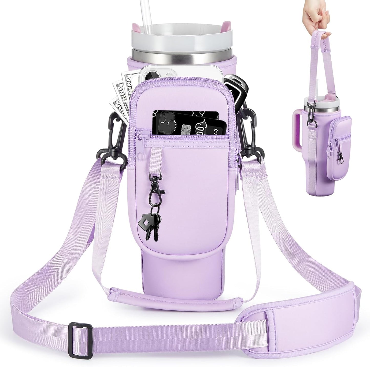 BULKITEM Water Bottle Carrier Bag with Phone Pocket for Stanley 40 & 30 oz Tumbler with Handle,Pink Insulated Neoprene Cup Holder Pouch w/Adjustable Strap for Quencher H2.0 Stanley Cup Accessories