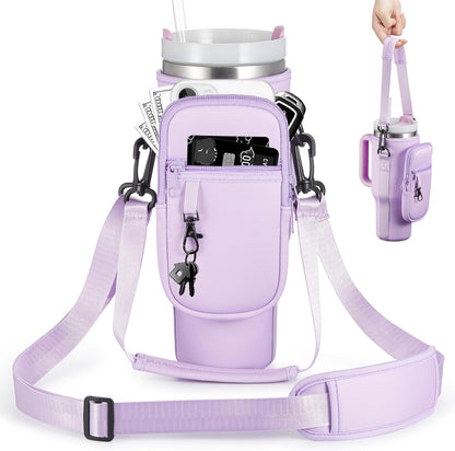 BULKITEM Water Bottle Carrier Bag with Phone Pocket for Stanley 40 & 30 oz Tumbler with Handle,Pink Insulated Neoprene Cup Holder Pouch w/Adjustable Strap for Quencher H2.0 Stanley Cup Accessories