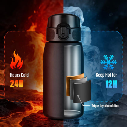Insulated Water Bottle 24 oz with Dustproof Lid, Carry Handle & Tea Infuser, BPA-Free & Leakproof, Stainless Steel Water Bottles Ideal for Fitness, Hiking, Office & Outdoor Use (Black)