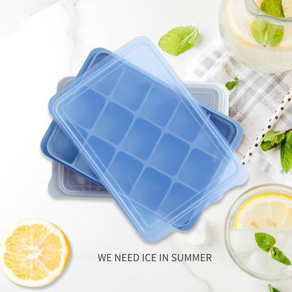 Ice Cube Trays Set of 2, Easy Release 15 Flexible Silicone Ice Cube Molds with Removable Lid Reusable Freezer Ice Trays Stackable for Whiskey, Baby Food, BPA Free (BAMBOO GREEN)