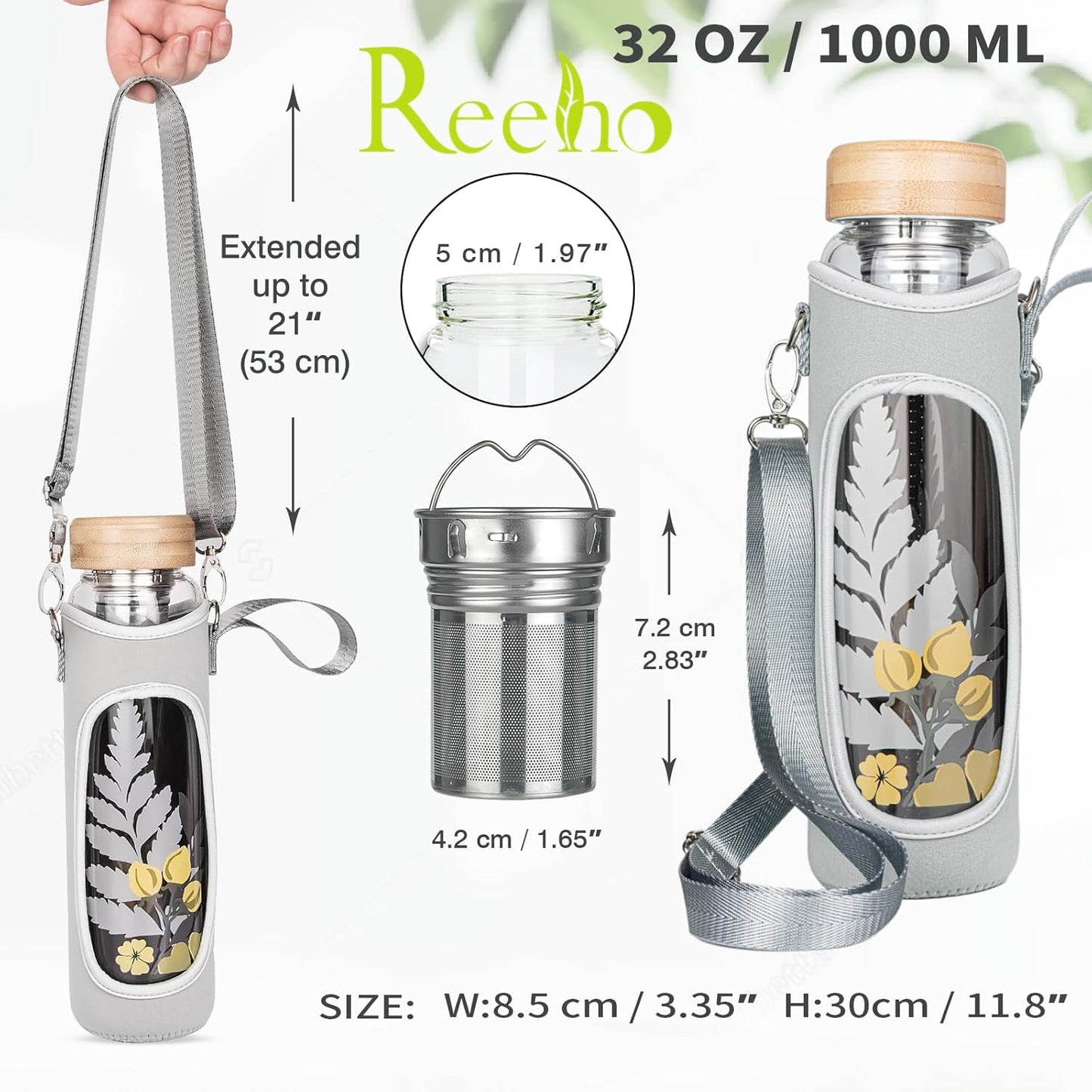 32oz Borosilicate Glass Water Bottle with Tea Infuser, Tea Tumbler with Strainer, Reusable Travel Mug with Sleeve & 2 Lids, Glass Drinking Bottle for Hot or Cold Drinks