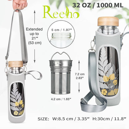 32oz Borosilicate Glass Water Bottle with Tea Infuser, Tea Tumbler with Strainer, Reusable Travel Mug with Sleeve & 2 Lids, Glass Drinking Bottle for Hot or Cold Drinks