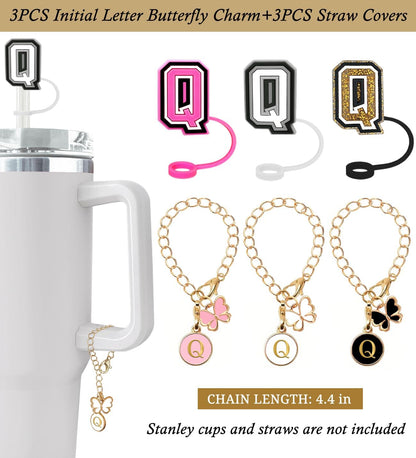 （3 +3) 3PCS Nuozme Straw Cover 10mm For Stanley Tumbler Cup Reusable Straw Cap Topper with 3 Initial Letter Charms Accessories Name ID Personalized Handle Charm For Stanley 30&40 Oz Cup Tumbler - Colors B