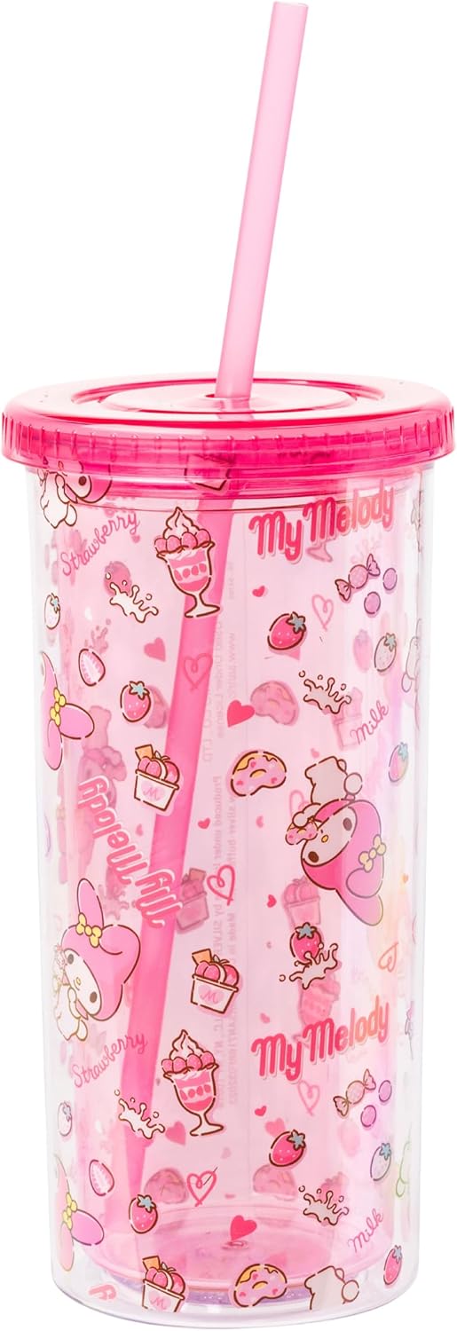 Silver Buffalo Sanrio Hello Kitty Milk Carton Pattern Plastic Boba Tumbler w Lid and Wide Straw, 24 Ounces