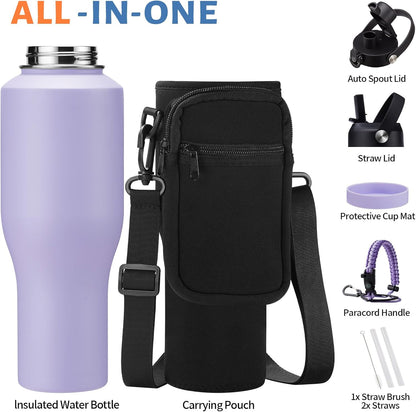 Insulated Water Bottle 40 oz - Fits in any Car Cup Holder, Keep Cold 48H Hot 24H, Stainless Steel Waterbottle Double Wall Flask with Straw, Pop-up Spout Lid, Paracord Handle, Carrier Bag