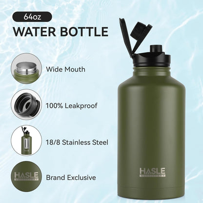 HASLE OUTFITTERS 32 oz Insulated Water Bottle Stainless Steel Double Walled Vacuum Sports Water Bottle with 2 Lids (Straw and Spout Lid) for Gym Camping Hiking(Black,1)