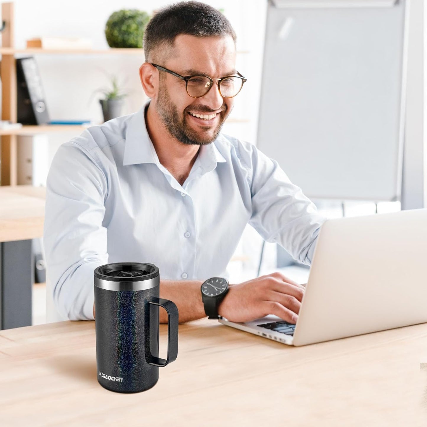 KXIAOCHEN 20oz Insulated Coffee Mug with Lid, Stainless Steel Coffee Cup, Double Wall Vacuum Coffee Tumbler with Handle, Premium Thermal Travel Coffee Mug (Navy Blue)