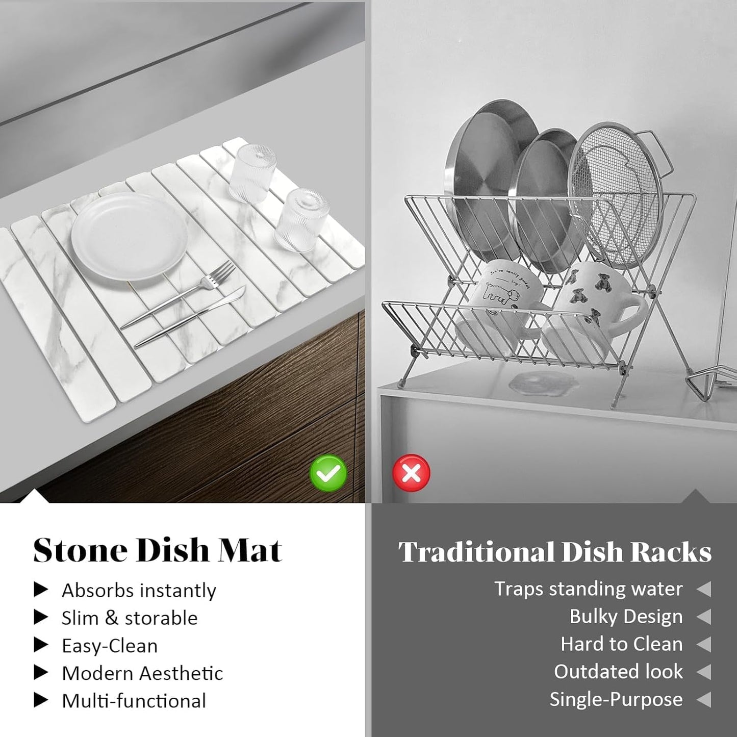 Large Stone Dish Drying Mat for Kitchen Counter – 24"(L)×16 "(W) Foldable Super Absorbent Diatomaceous Earth Dish Drying Mat, Kitchen Counter Mats for Plate Rack, Cups, Match Any Countertop - Gray