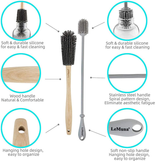 Silicone Bottle Brush Set with Wooden Handle - Silicone Brush & Straw Cleaner for Hydro Flask, Sports Bottle, Glassware