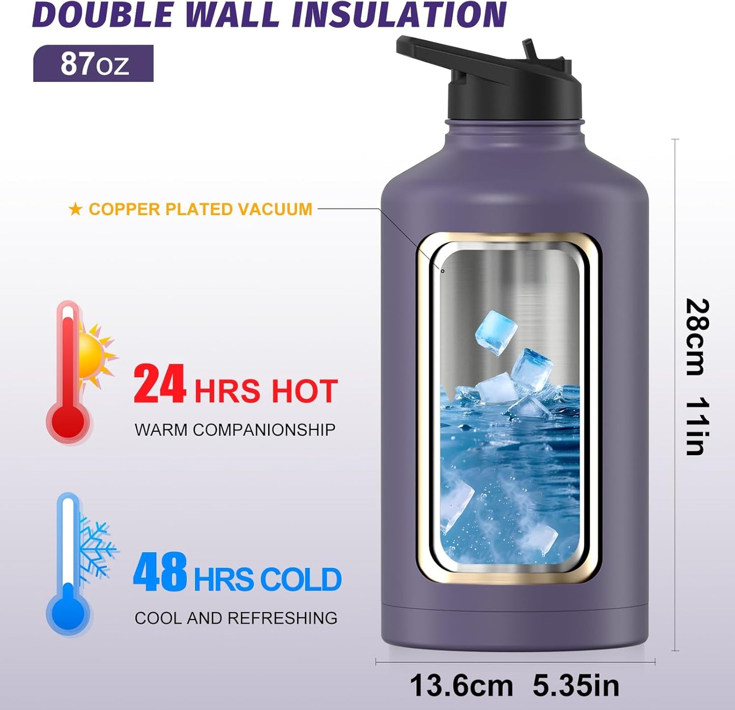 40oz Insulated Water Bottle (Cold for 48 Hrs),BPA Free&Leak Proof,Stainless Steel Water Flask,Water Jug with Straw Spout Lids for Gym,Hiking,Travel,Black Blue