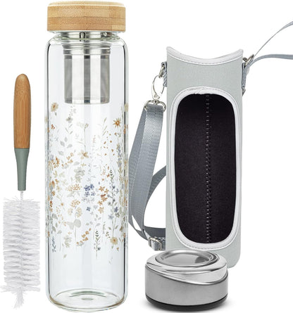 32oz Borosilicate Glass Water Bottle with Tea Infuser, Tea Tumbler with Strainer, Reusable Travel Mug with Sleeve & 2 Lids, Glass Drinking Bottle for Hot or Cold Drinks