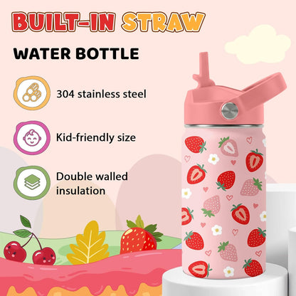 Strawberry Gifts for Kids - 16oz Pink Kids Water Bottle with Straw Lid, Stainless Steel Insulated Water Bottle, Leakproof, BPA-Free, for Girls, School, Strawberry Lover Children Birthday Gift Cup(1pc)