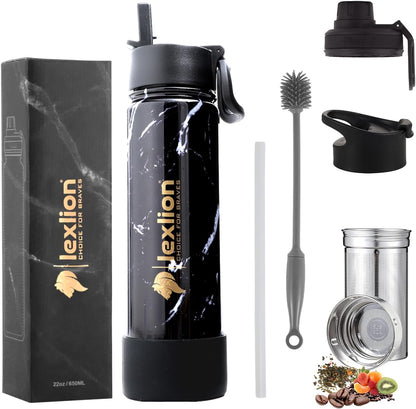 Lexlion Tea Infuser Water Bottle 32 Oz – Triple Wall Insulated Stainless Steel, Loose Leaf & Fruit Strainer, 3 Leakproof Lids, BPA-Free Silicone Sleeve, Reusable Thermal Mug