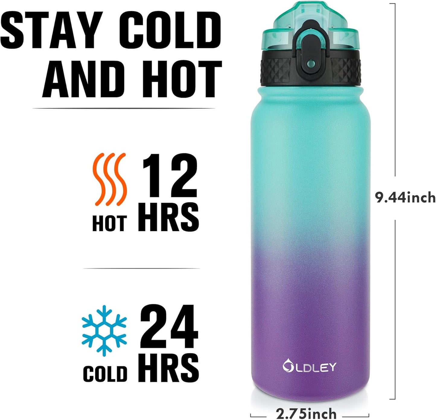 Oldley Insulated Water Bottle 20oz for Adults Kids Stainless Steel Water Bottles with Straw/Chug/Carabiner 3 Lids Fruit Strainer Double Wall Vacuum Wide Mouth BPA Free Leak-Proof for School Travel